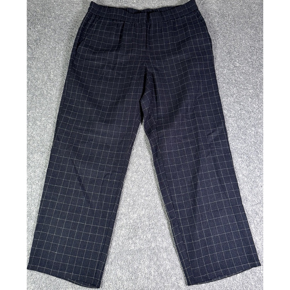 Eileen Fisher 100% Tussah Silk Pants Womens Medium Petite Navy Blue Plaid Office